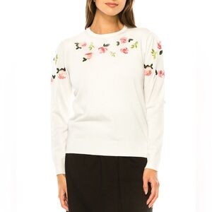 YAL New York Petal Soft White Embroidered Crewneck Sweater, Size XL New w/Tag